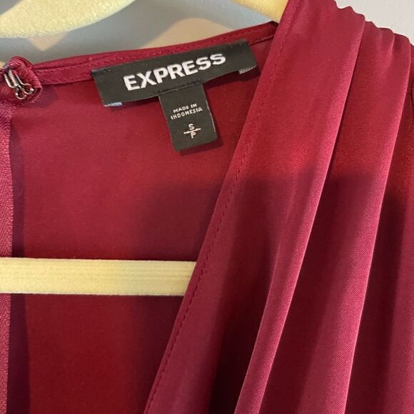 Express Burgundy Satin Long Sleeve Surplice Twist Front High Low Hem Midi Dress - Picture 15 of 17